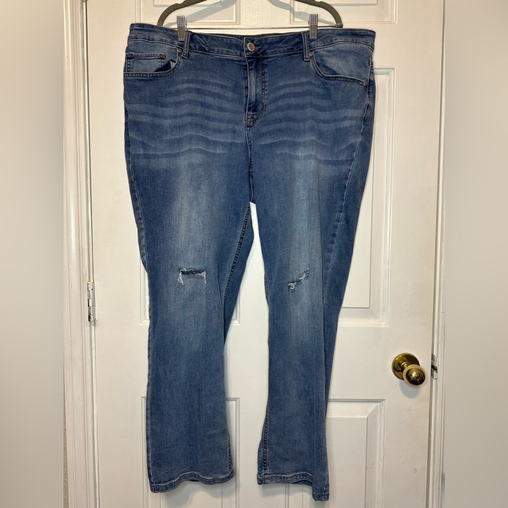 Maurice’s 22w short distressed boot cut jeans mid rise and medium wash denim